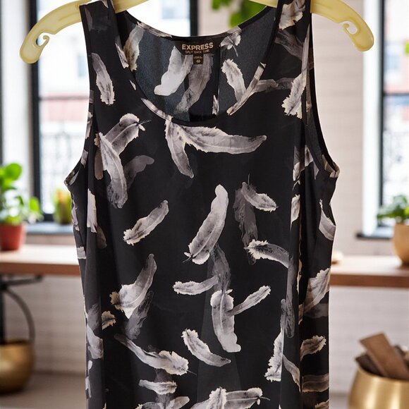 Express XS Feather Print Split Back Tank Top – Black & White Chiffon, Lightweigh - Picture 2 of 9